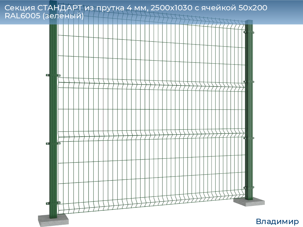 Секция СТАНДАРТ из прутка 4 мм, 2500x1030 с ячейкой 50х200 RAL6005 (зеленый), vladimir.doorhan.ru